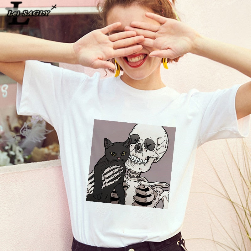 Horro Skull and Cat Femal Tshirt