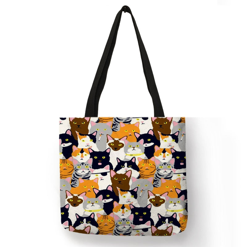 Cute Floral Cat Print Shopping Bag