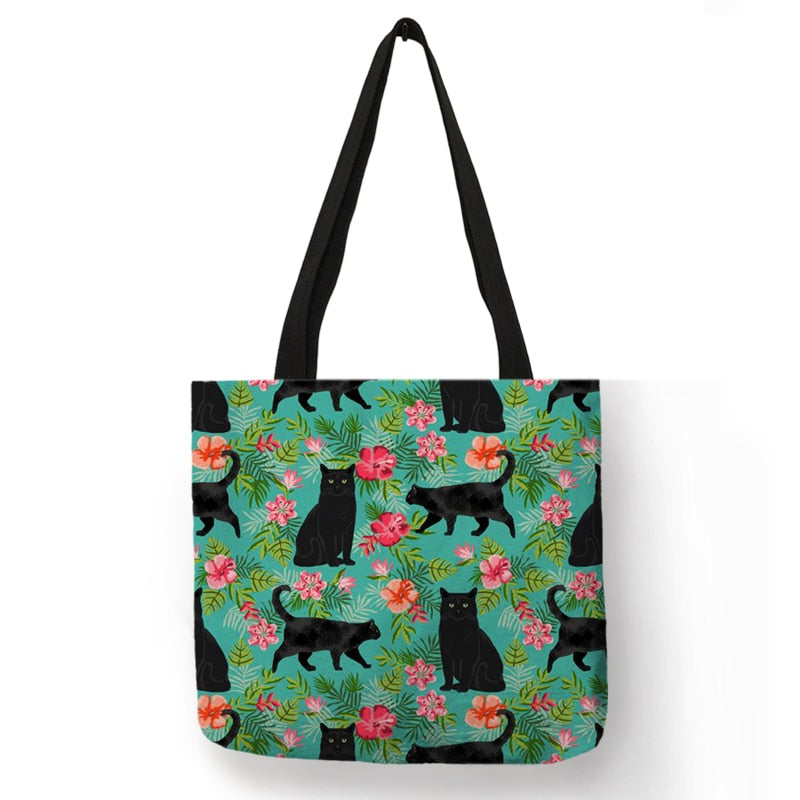 Cute Floral Cat Print Shopping Bag