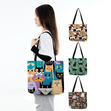 Cute Floral Cat Print Shopping Bag