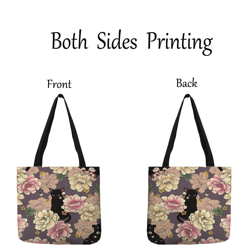 Cute Floral Cat Print Shopping Bag