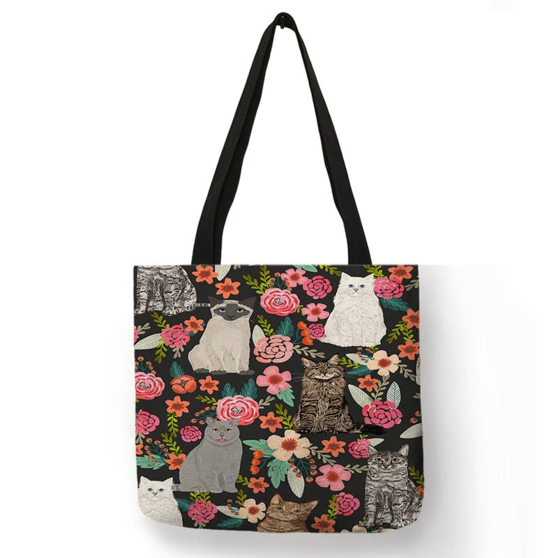 Cute Floral Cat Print Shopping Bag