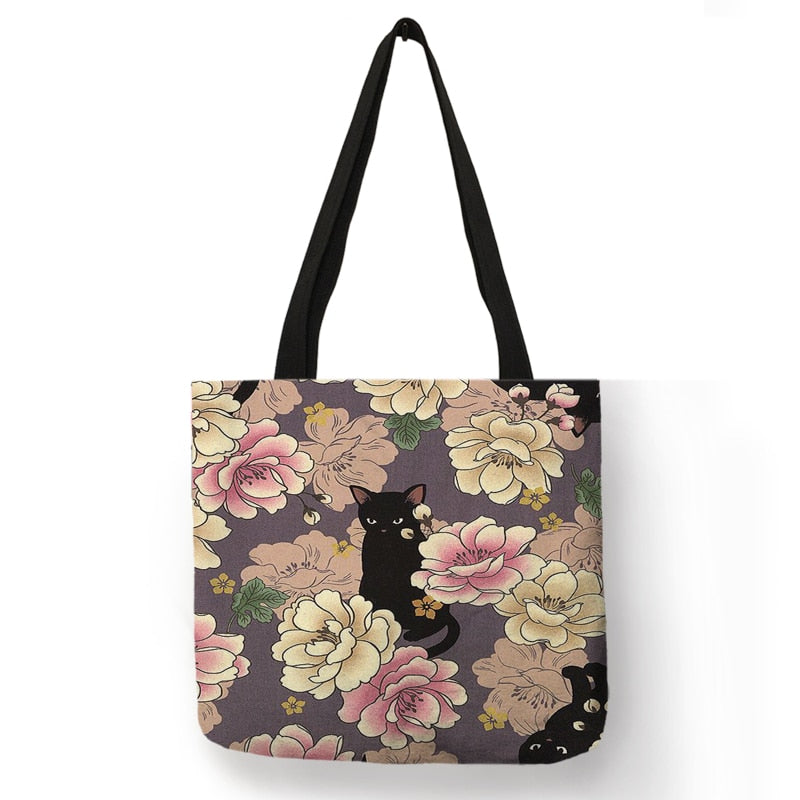 Cute Floral Cat Print Shopping Bag