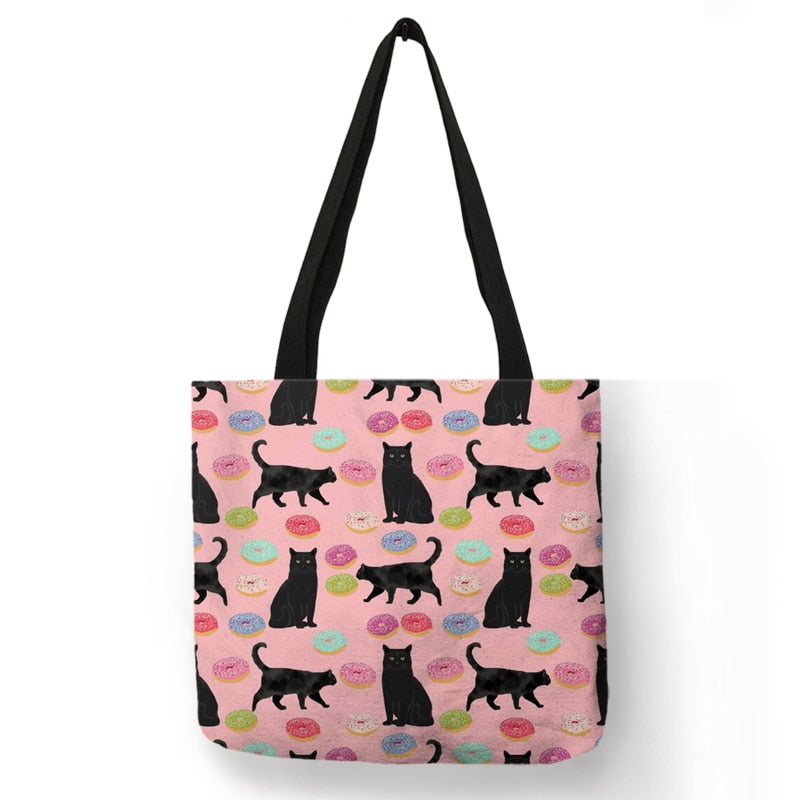 Cute Floral Cat Print Shopping Bag