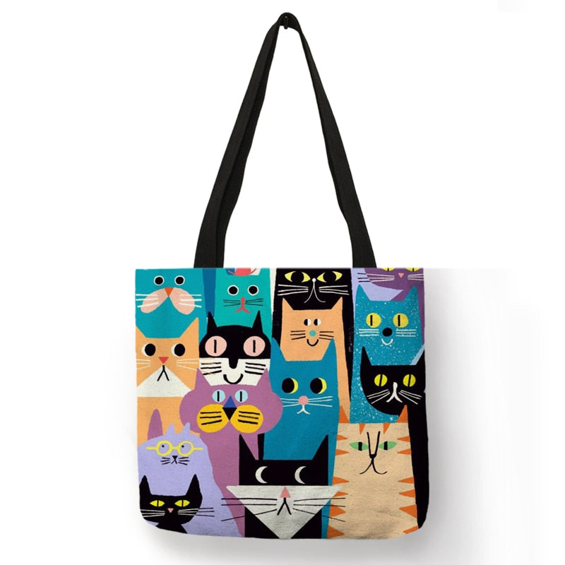 Cute Floral Cat Print Shopping Bag