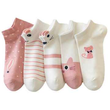 Cute Pink Cat Socks Set - 5 Pairs