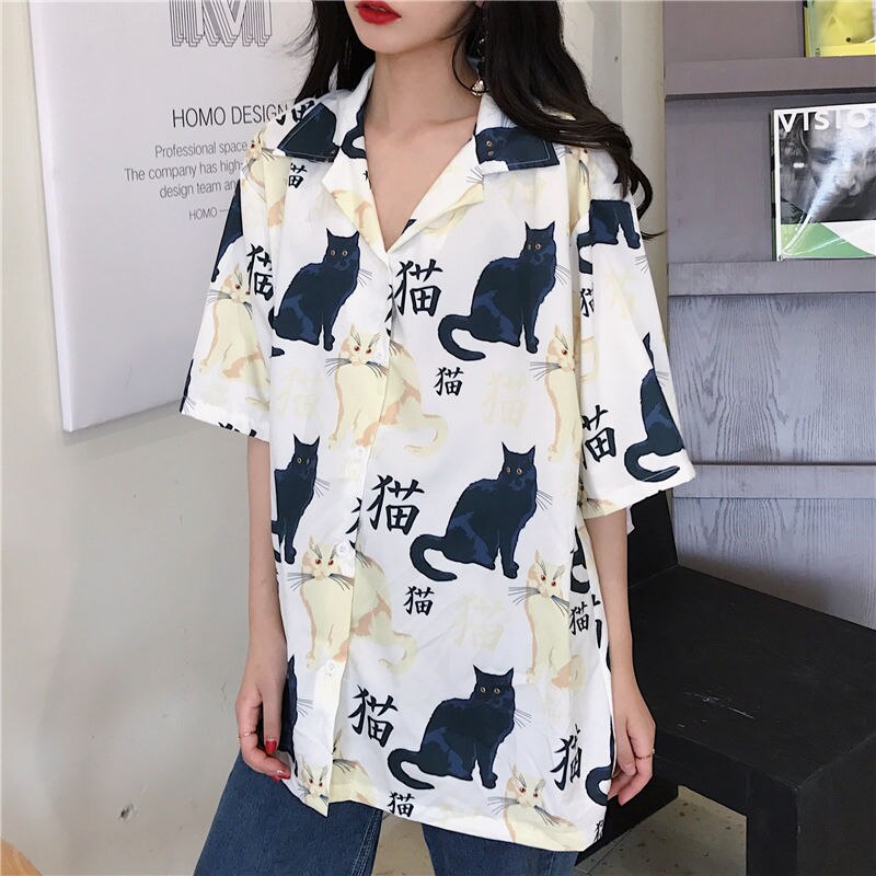 Vintage Cat Printed Korean Basic Loose Top